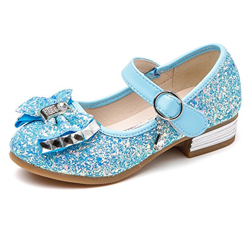 Blue glitter pumps with flat heels and bow detail for elegant princess and glamorous little girl