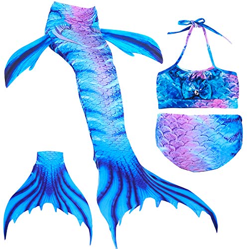 Blue and purple shiny bikini swimsuit set with iridescent mermaid tail for girl sold with monofin