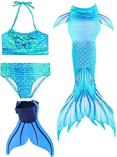 Blue ruffled bikini swimsuit set with iridescent mermaid tail for girl sold with monofin
