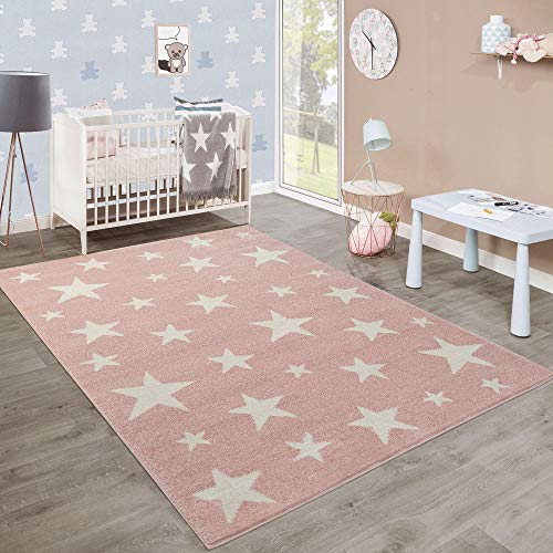 Pink carpet with white stars for girl's room