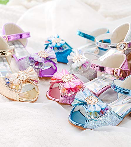 Cute sandals for girls with low heel perfect for ceremonies and weddings, blue, gold, ink or purple