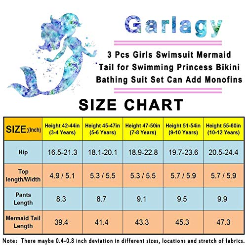 Example of size chart mermaid swimming tail for girl 