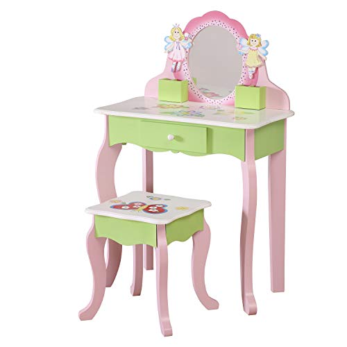Feries vanity dressing table in solid pink and green wood for young girl with stool
