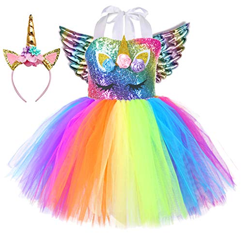 Flashy rainbow unicorn princess dress with angle wings
