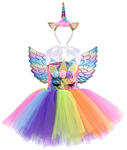 Flashy rainbow unicorn princess dress with tutu and wings