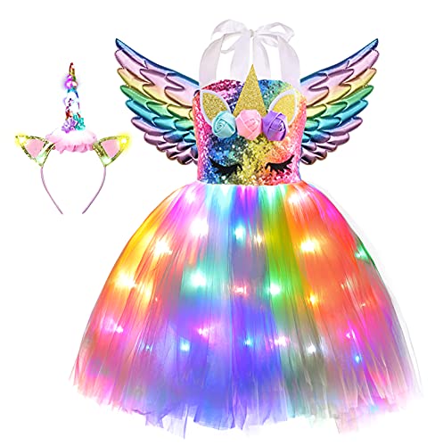 Flashy rainbow unicorn princess dress with tutu and wings with LED lights