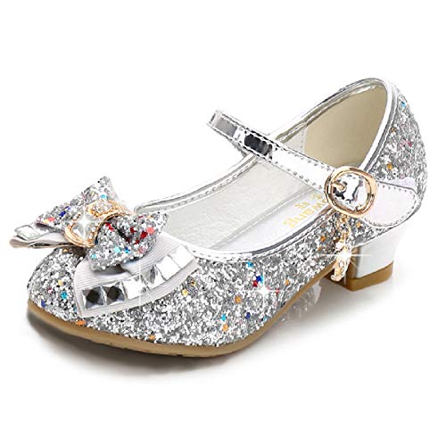 Silver glitter and bow jewel shoe with small heel for girl for princess or snow white outfit