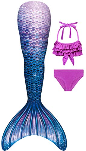 Girl's purple bikini swimsuit set with shiny mermaid tail 