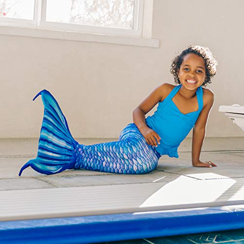 Girl's rainbow blue mermaid tail swimsuit with monofin