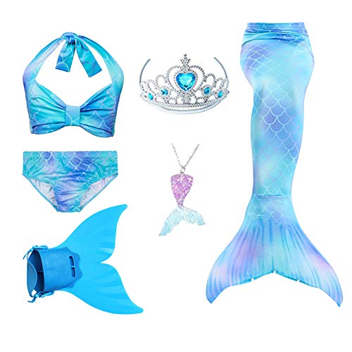 Girl's rainbow blue swimsuit and princess mermaid tail set with monofin