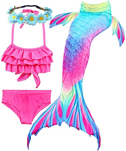 Girl's rainbow pink mermaid tail and swimsuit set with flower necklace