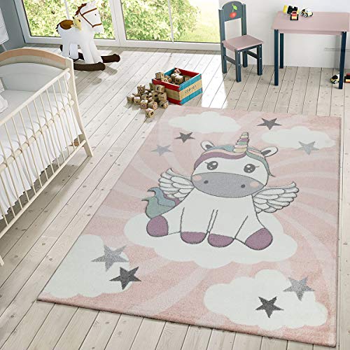 Pink carpet with unicorn and rainbow for girly decoration without harmful product  grey carpet XXL