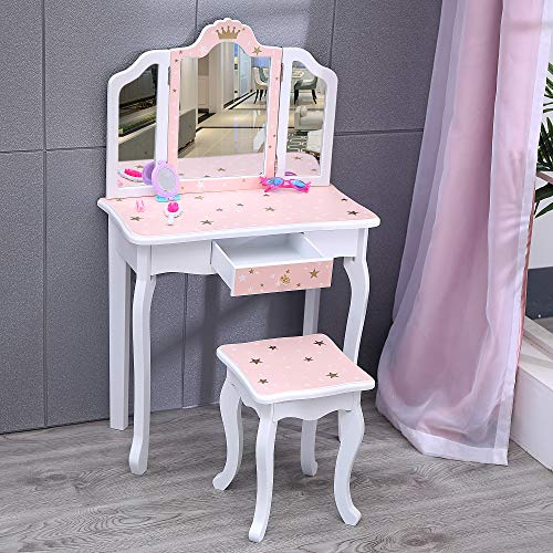 High quality Nromant  pink wood dressing table with durable  mirror and princess stool for girls' bedroom