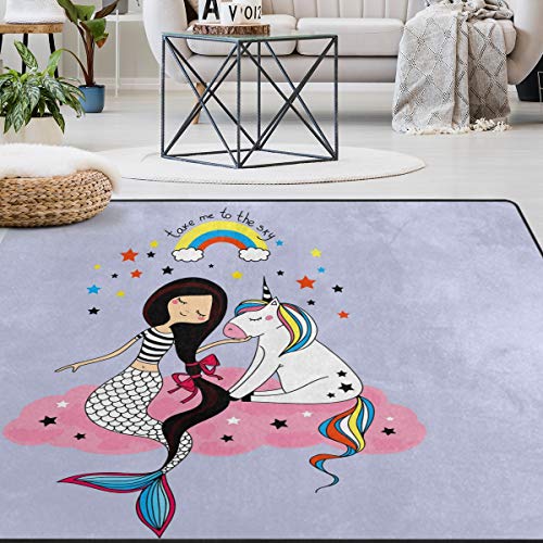 Large and fashionable carpet for a girl bedroom with a mermaid, a unicorn and a rainbow