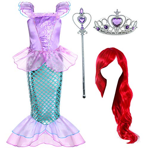Mermaid princess costum set for girls in purple and green satin 