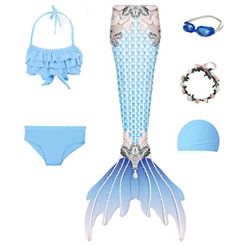 Girl's blue mermaid tail and swimsuit set with flower necklace