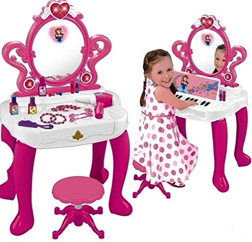 2-in-1 Vanity Set Girls Toy Makeup Accessories with Working Piano & Flashing Lights
