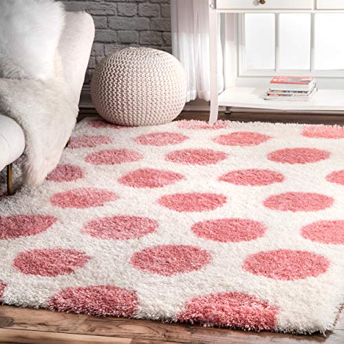 Pink carpet with big white polka dots for a girl's bedroom 100% handmade ecofriendly cotton