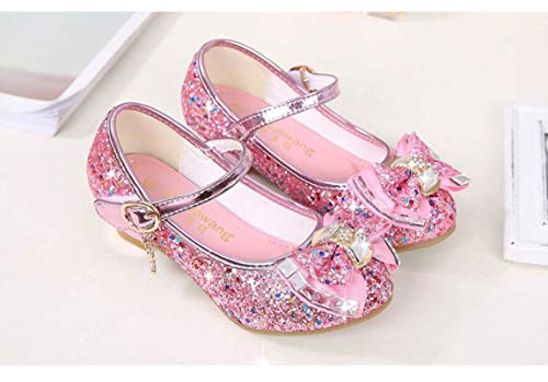 Little Girls Princess Shoes with Bowknot Pearl Leather Glitter Peep Toe Low Block Heel Single Shoes Buckle Sparkle Adorable Mary Jane Shoes Princess Party Dress Shoes