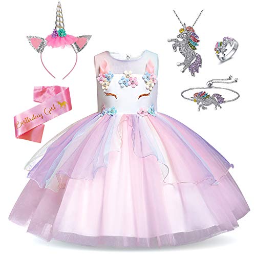 Pink unicorn dress with flowery unicorn headband and necklace