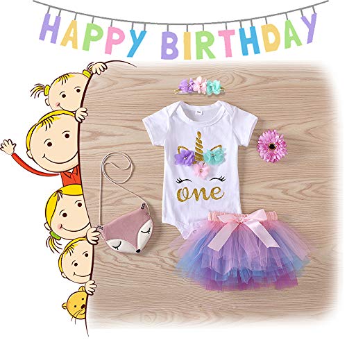 Rainbow unicorn themed baby tutu dress for first birthday with matching headband