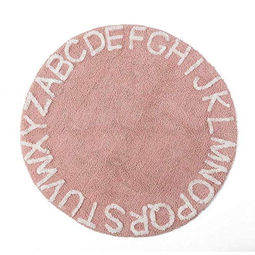 Round pink carpet with white alphabet letters made of cotton