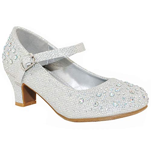 Adorable silver glitter Mary Jane pumps with little heels for girls 