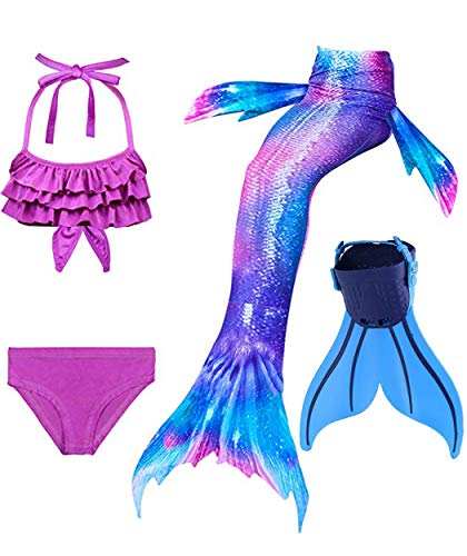 Purple bikini swimsuit set with ruffles and iridescent mermaid tail for girl sold with monopalms