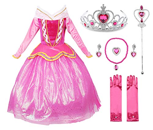 The fushia princess Sleeping Beauty princess girl costum dress with jewels and gloves