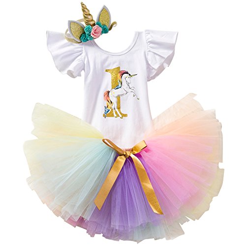 YiJi Team Rainbow Tutu Skirt with Unicorn Horn Headband Gift for Girl Baby Birthday Costume Outfits Princess Set