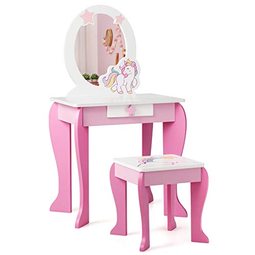 Unicorn Vanity dressing table in solid pink wood for young girl with stool