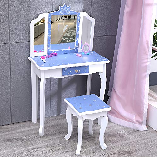 White and blue dressing table for girl made of MDF panels and wood